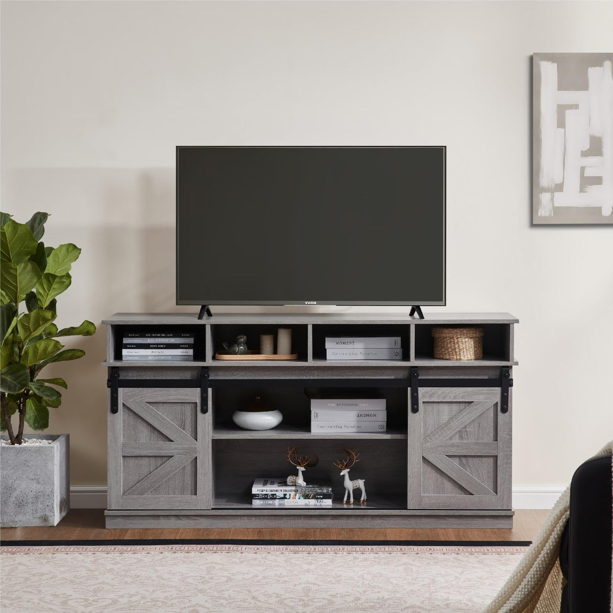 65" Grey Farmhouse TV Stand with Sliding Doors C43090