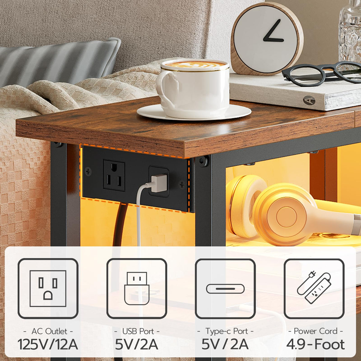 Narrow Side Table with Charging Station and LED Light D931721
