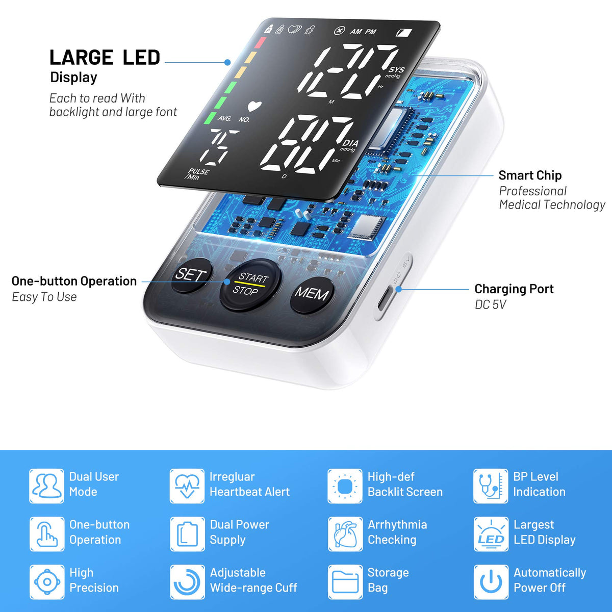 Black Upper Arm Blood Pressure Monitor with Adjustable Arm Cuff and Large Display S451