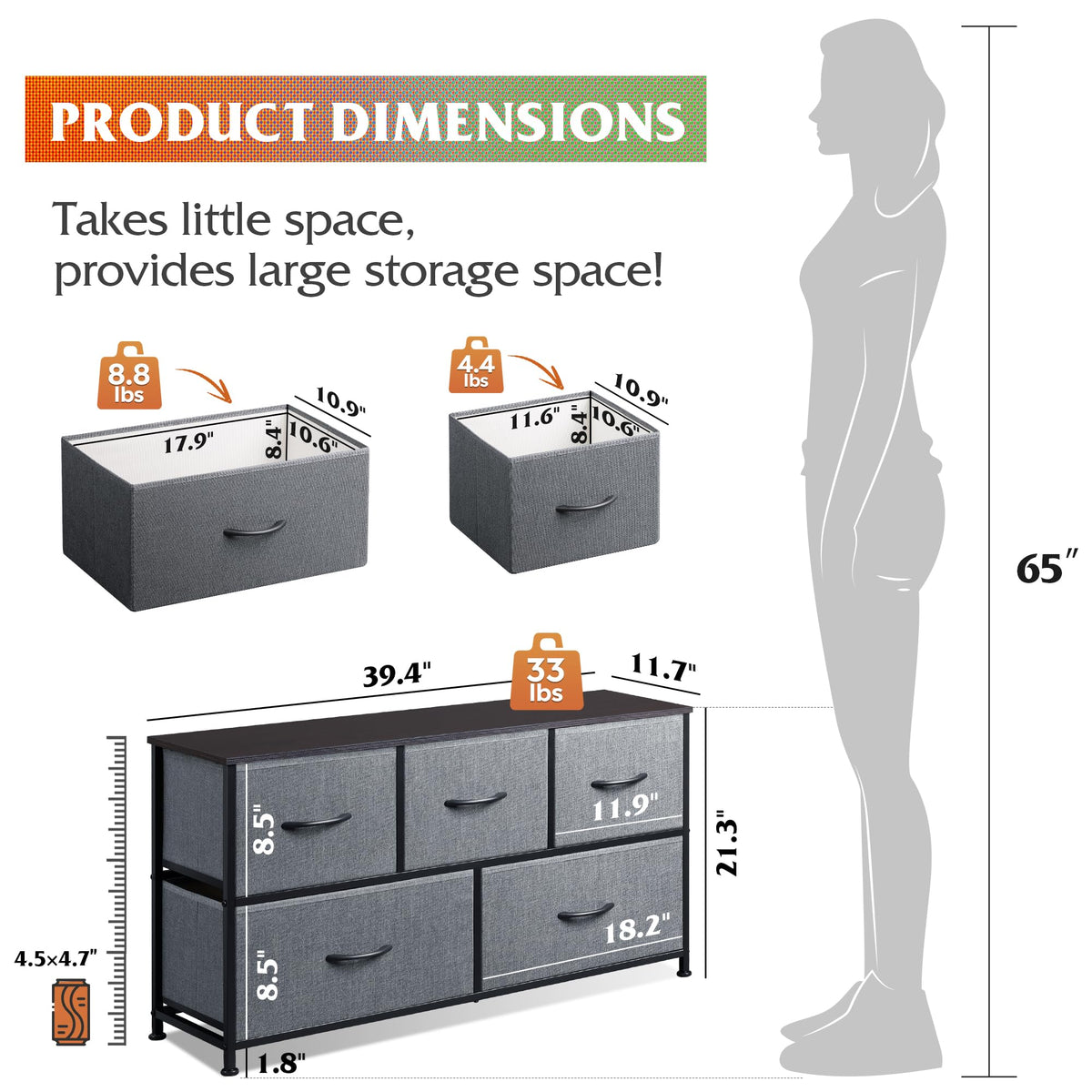 Wide 5 Drawer Dresser Dark Grey H153071