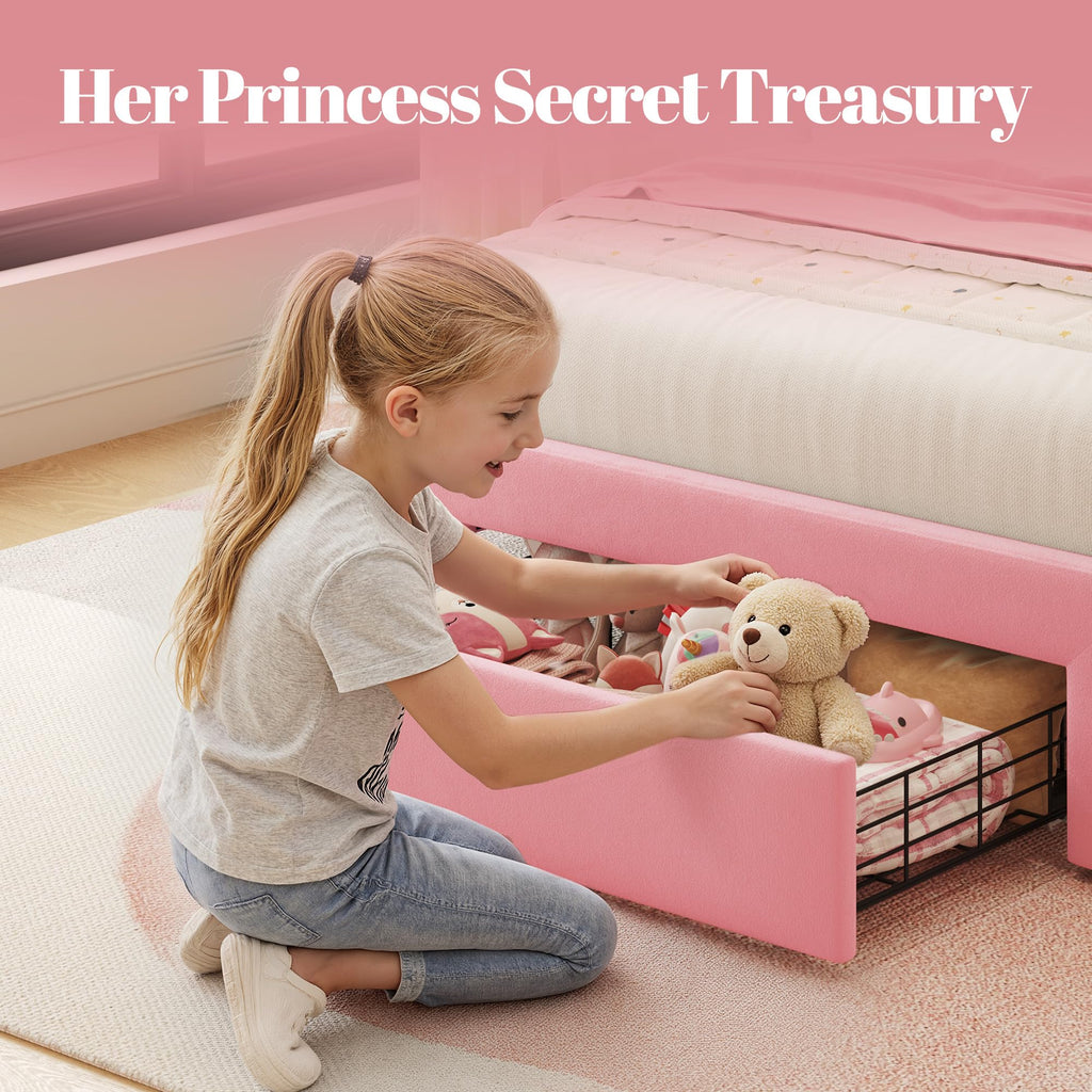Twin Bed Frame with Adjustable Velvet Upholstered Headboard and Storage Drawers R961