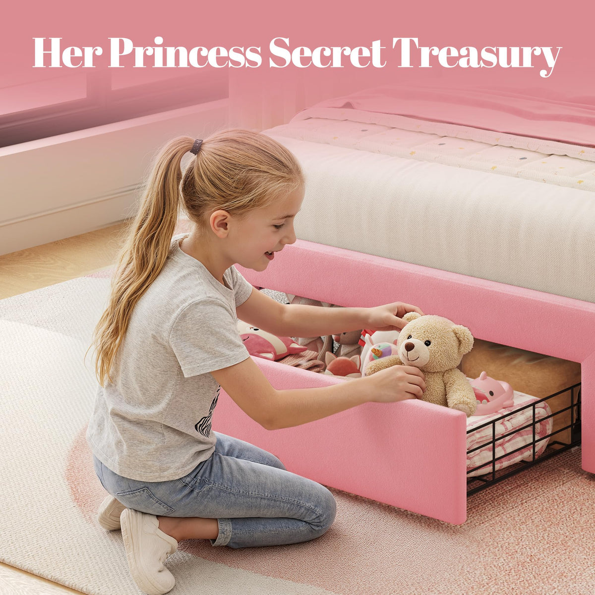 Twin Bed Frame with Adjustable Velvet Upholstered Headboard and Storage Drawers R961