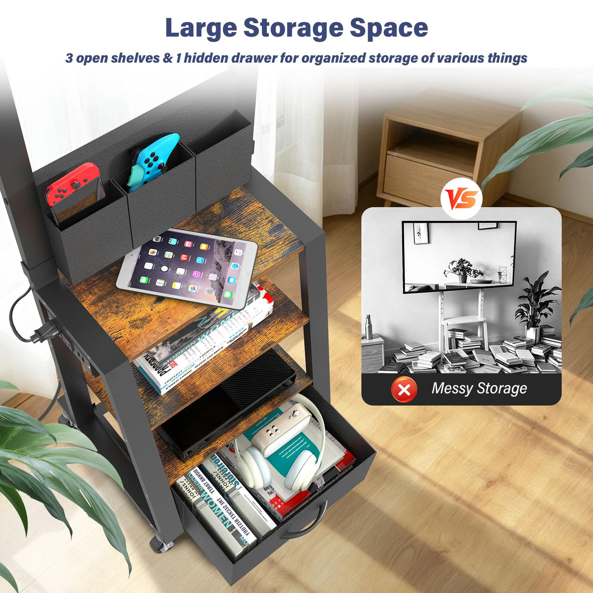 Rolling TV Stand with Power Outlet & 4-Tier Storage for 23-60 Inch Flat/Curved Screen P846