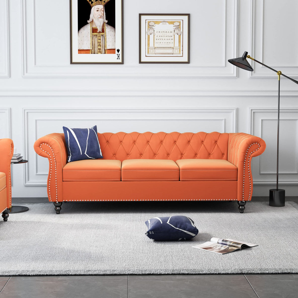 Orange Velvet Chesterfield Sofa Loveseat and Chair D493064