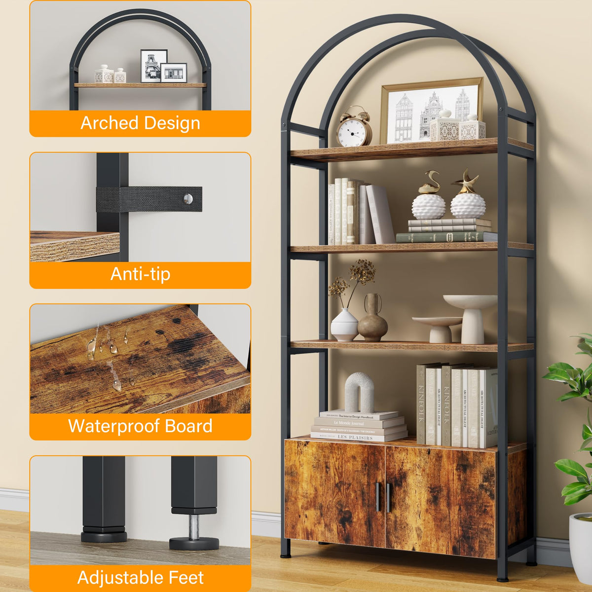 Arched 71 Inch Tall 5 Tier Wood and Metal Bookshelf with Storage Cabinet N72314