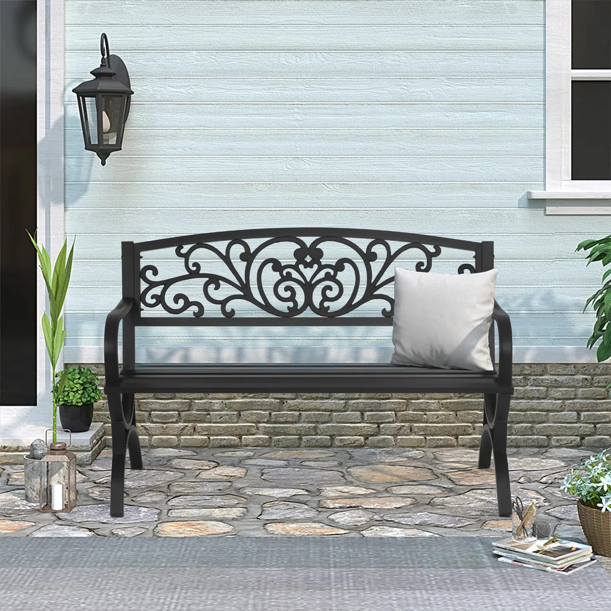 50 inch Black Metal Patio Garden Bench with Armrests Y5101
