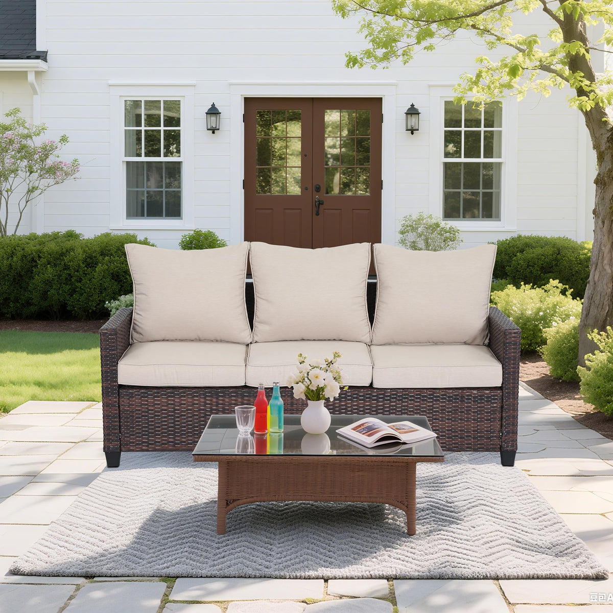 Rattan 3-Seater Outdoor Sofa with Blue Cushions E47497