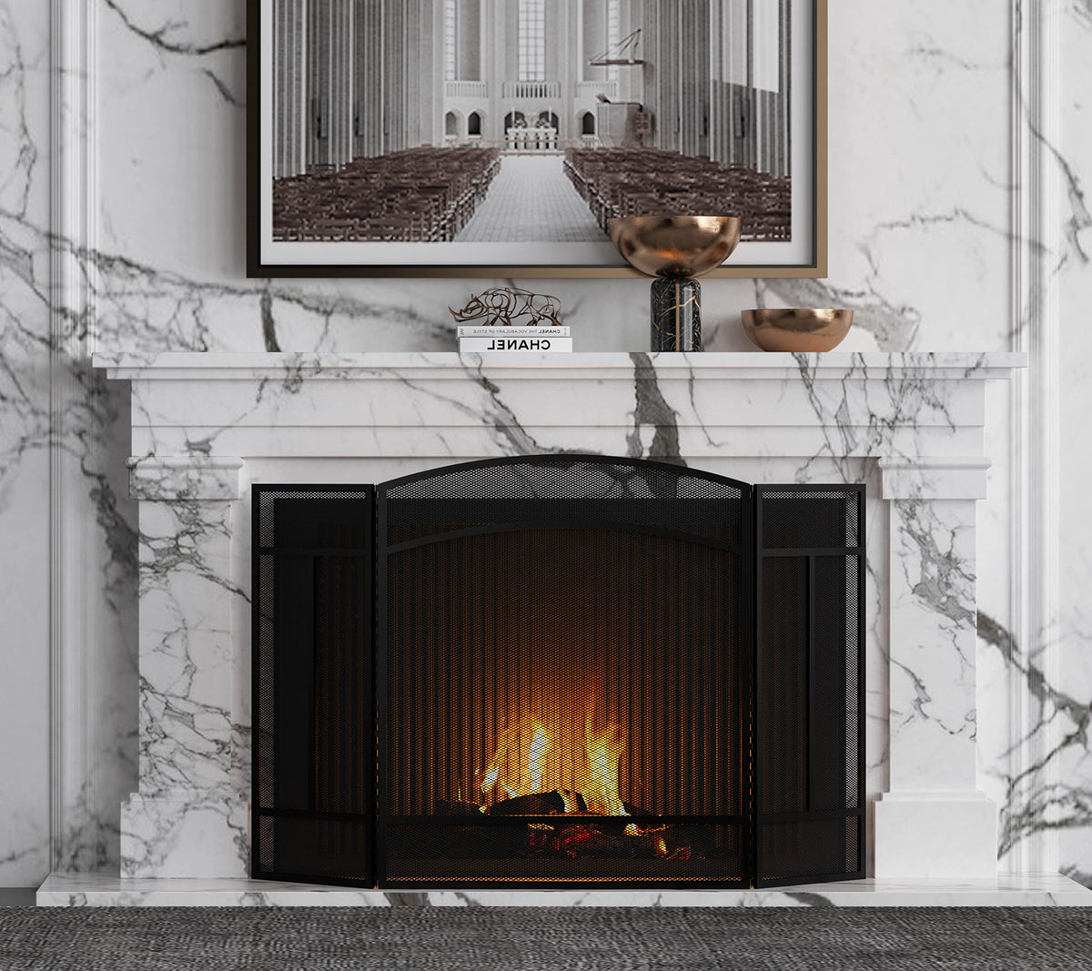 Black 3 Panel Wrought Iron Fireplace Screen R692702