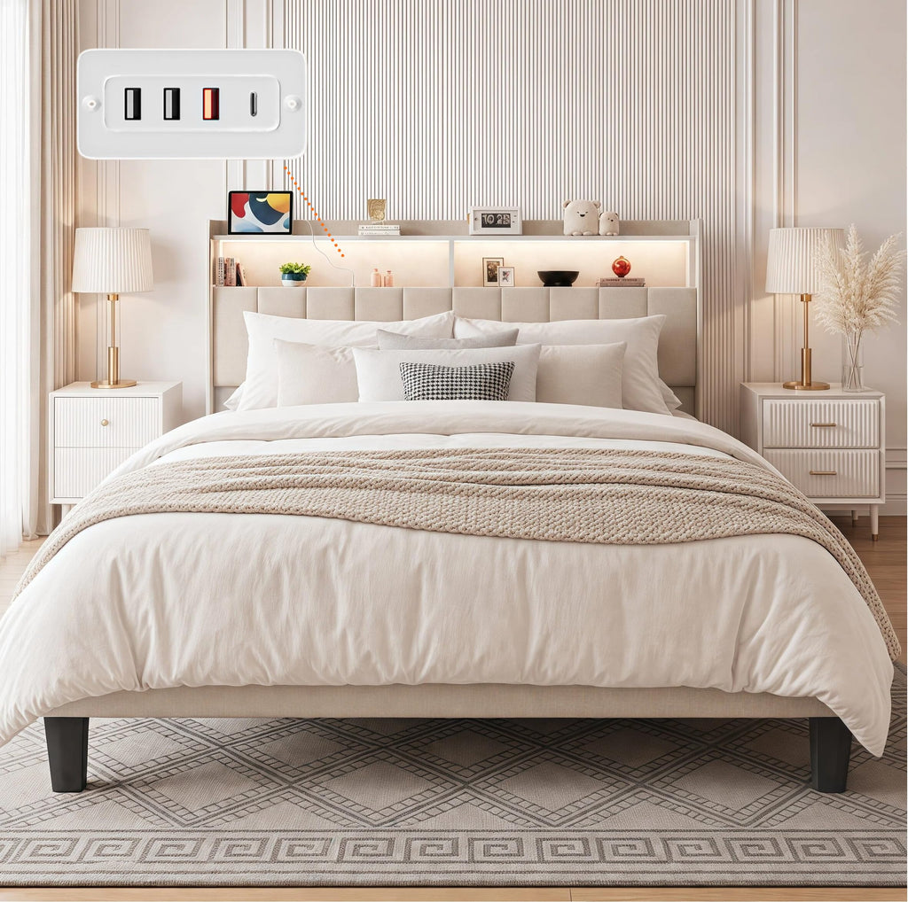Beige Queen Size Upholstered Platform Bed Frame with Headboard R17394
