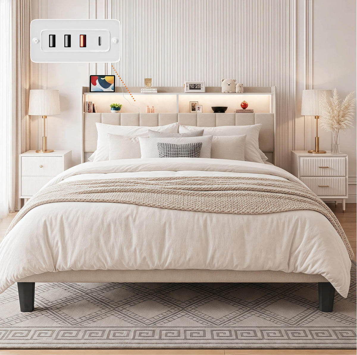 Beige Queen Size Upholstered Platform Bed Frame with Headboard R17394
