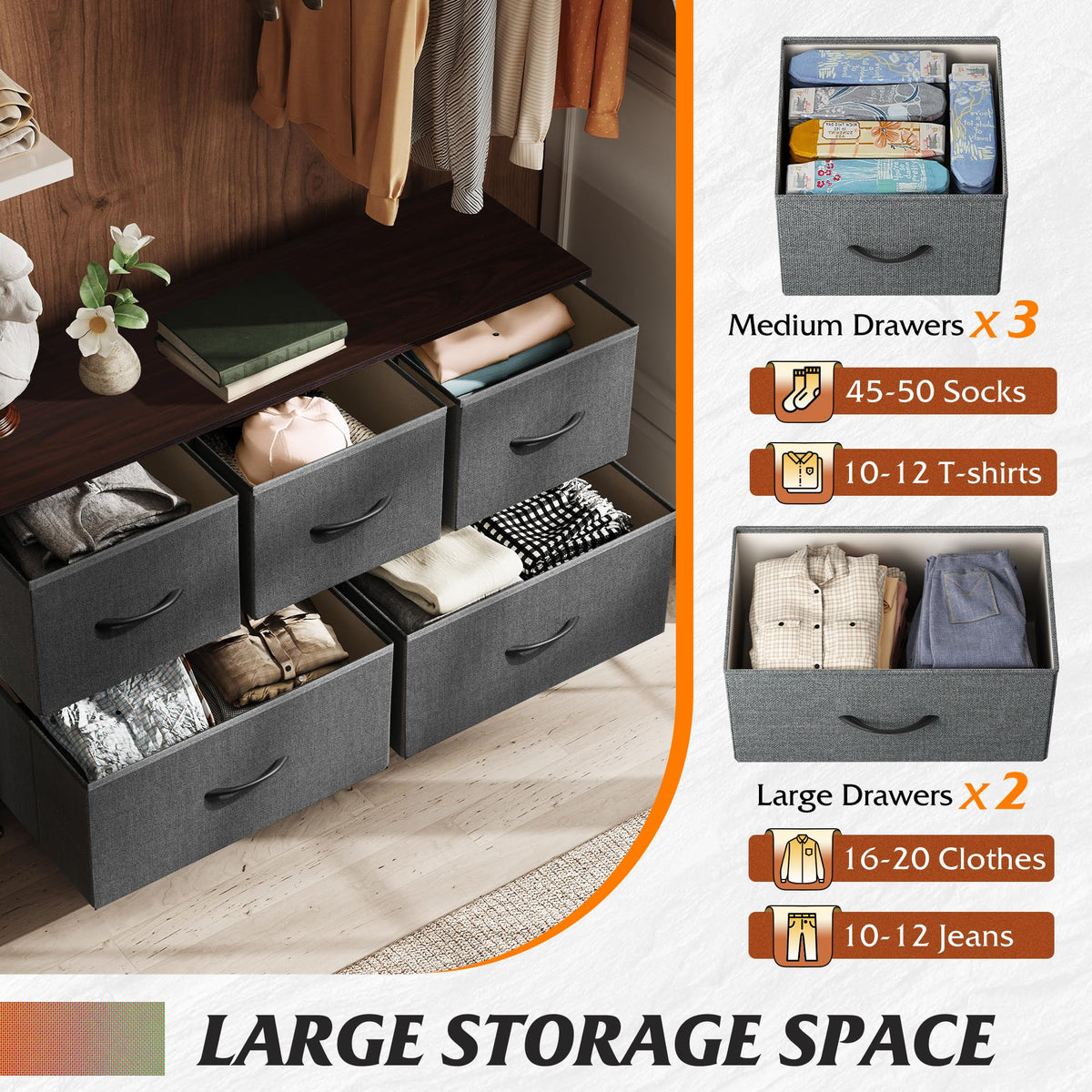 Wide 5 Drawer Dresser Dark Grey H153071