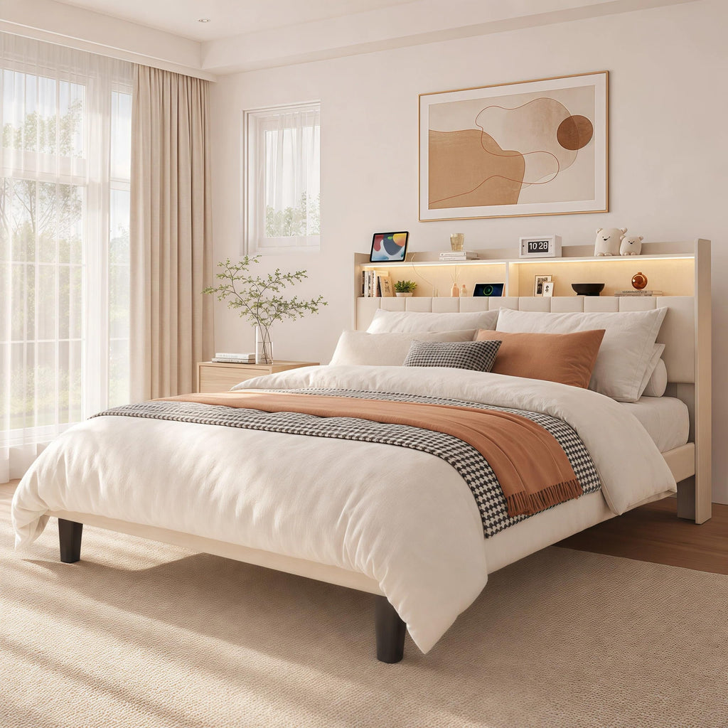 Beige Queen Size Upholstered Platform Bed Frame with Headboard R17394