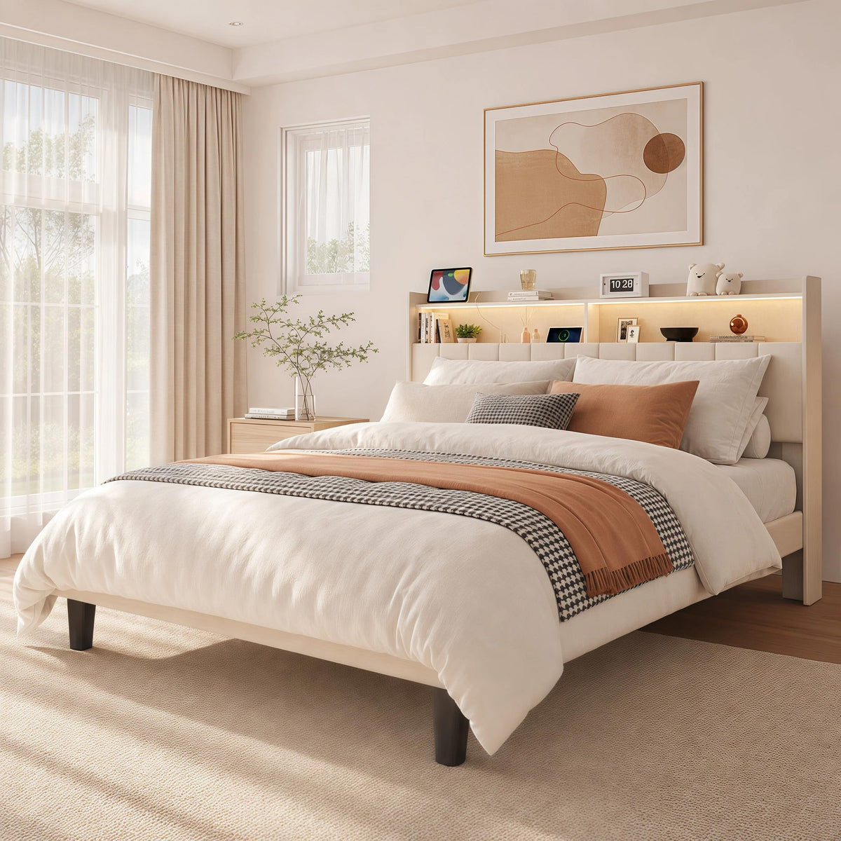 Beige Queen Size Upholstered Platform Bed Frame with Headboard R17394