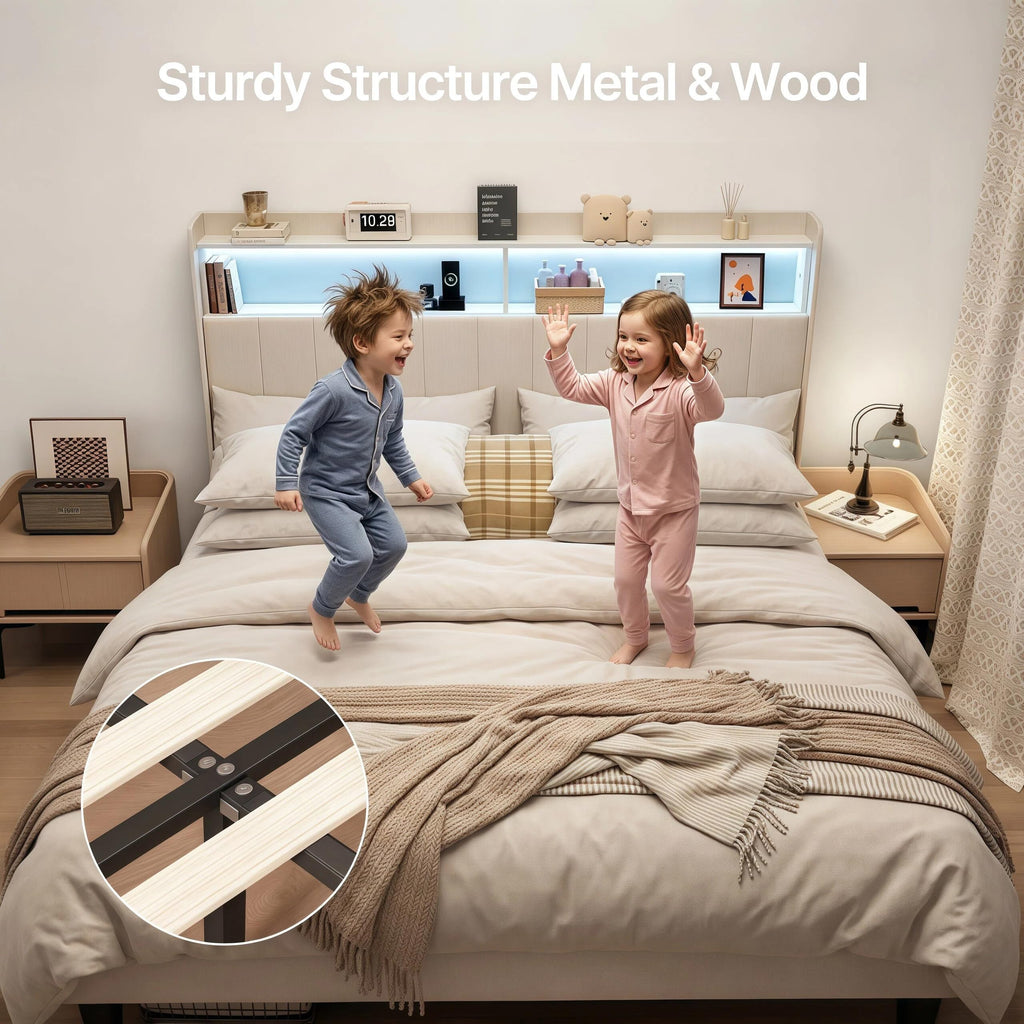 Beige Queen Size Upholstered Platform Bed Frame with Headboard R17394