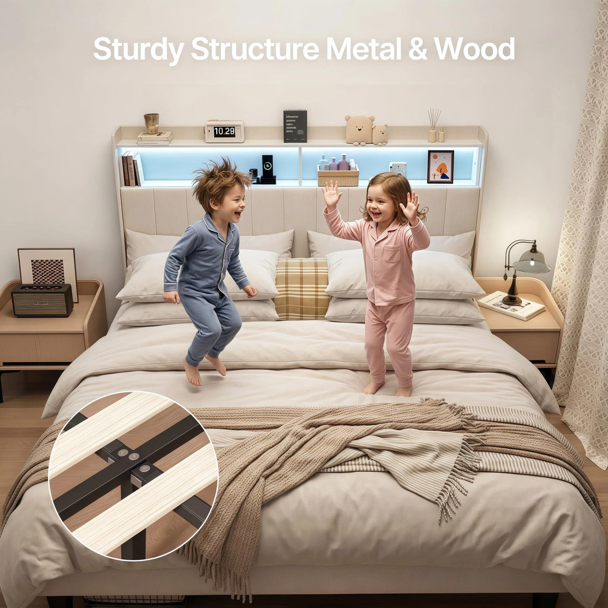 Beige Queen Size Upholstered Platform Bed Frame with Headboard R17394