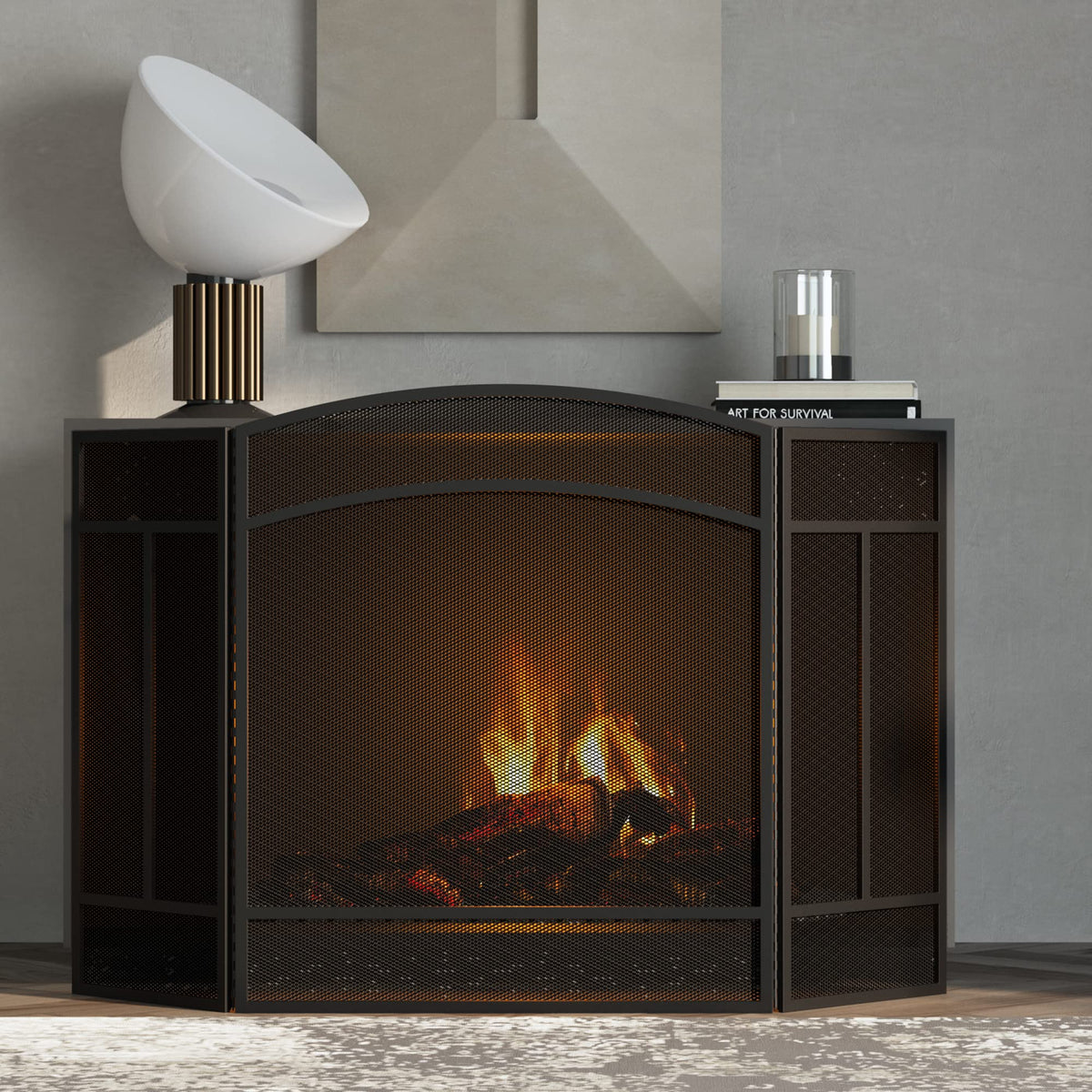 Black 3 Panel Wrought Iron Fireplace Screen R692702