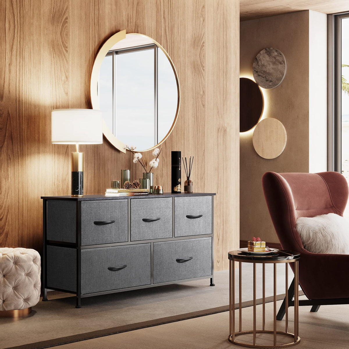 Wide 5 Drawer Dresser Dark Grey H153071